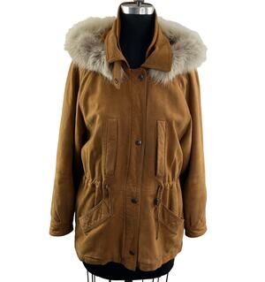 VINTAGE Perfect Tan Leather Zip Button Front Drawcord Waist Jacket Size M ITALY